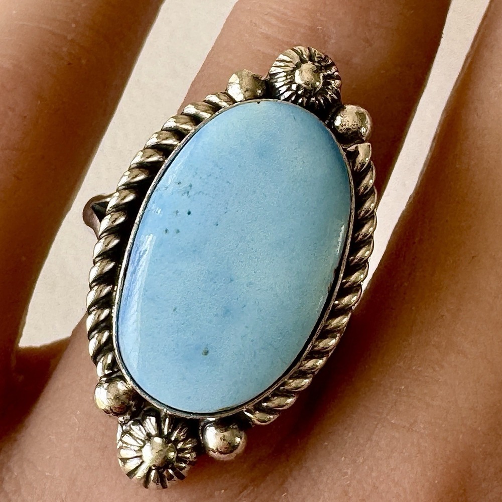Navajo Blue Golden Hils Turquoise Ring Size 8.5 Signed Shakey Sterling Native